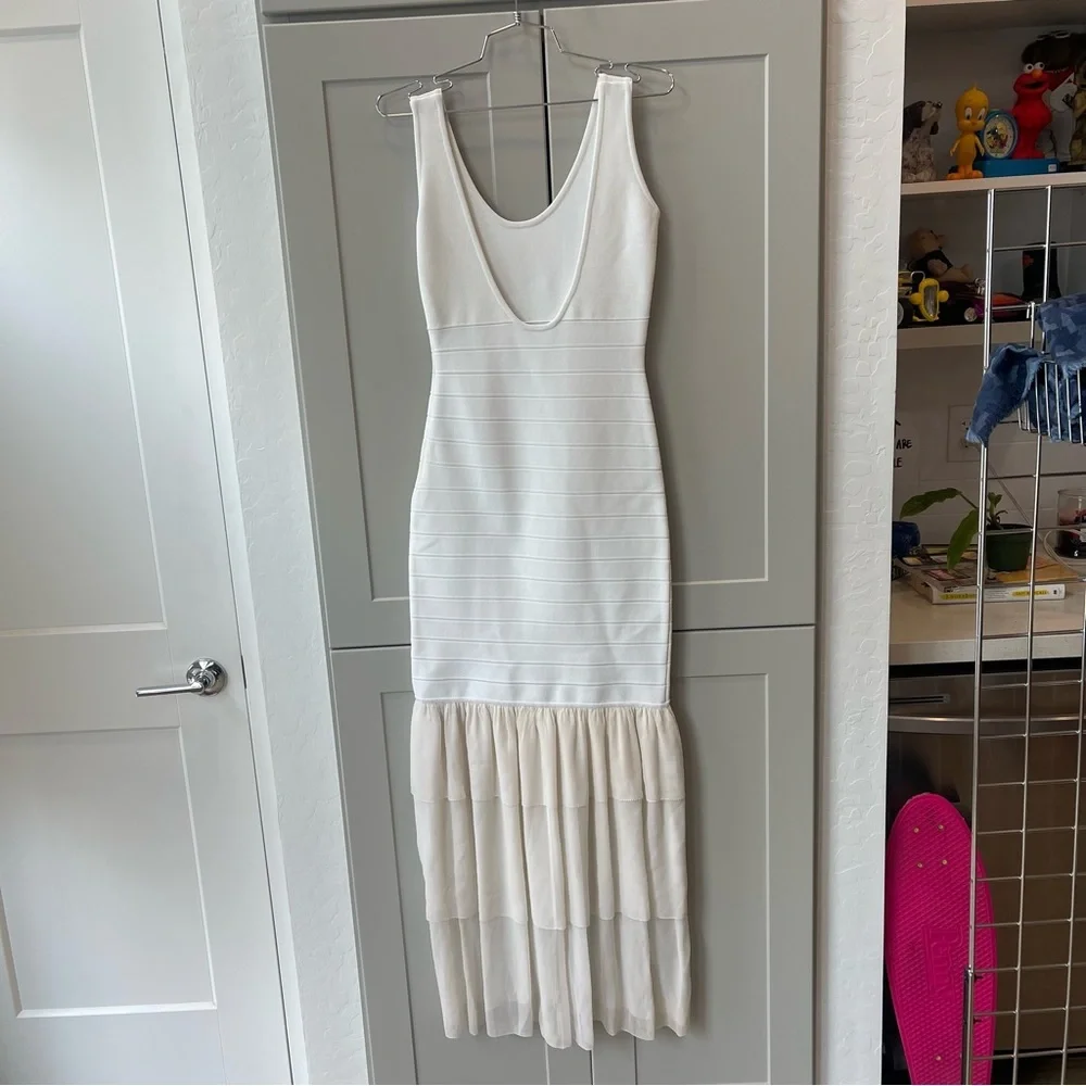 Herve Leger Paris White Bandage Silk Ruffle Trim Formal Cocktail Dress Small - Picture 5 of 11